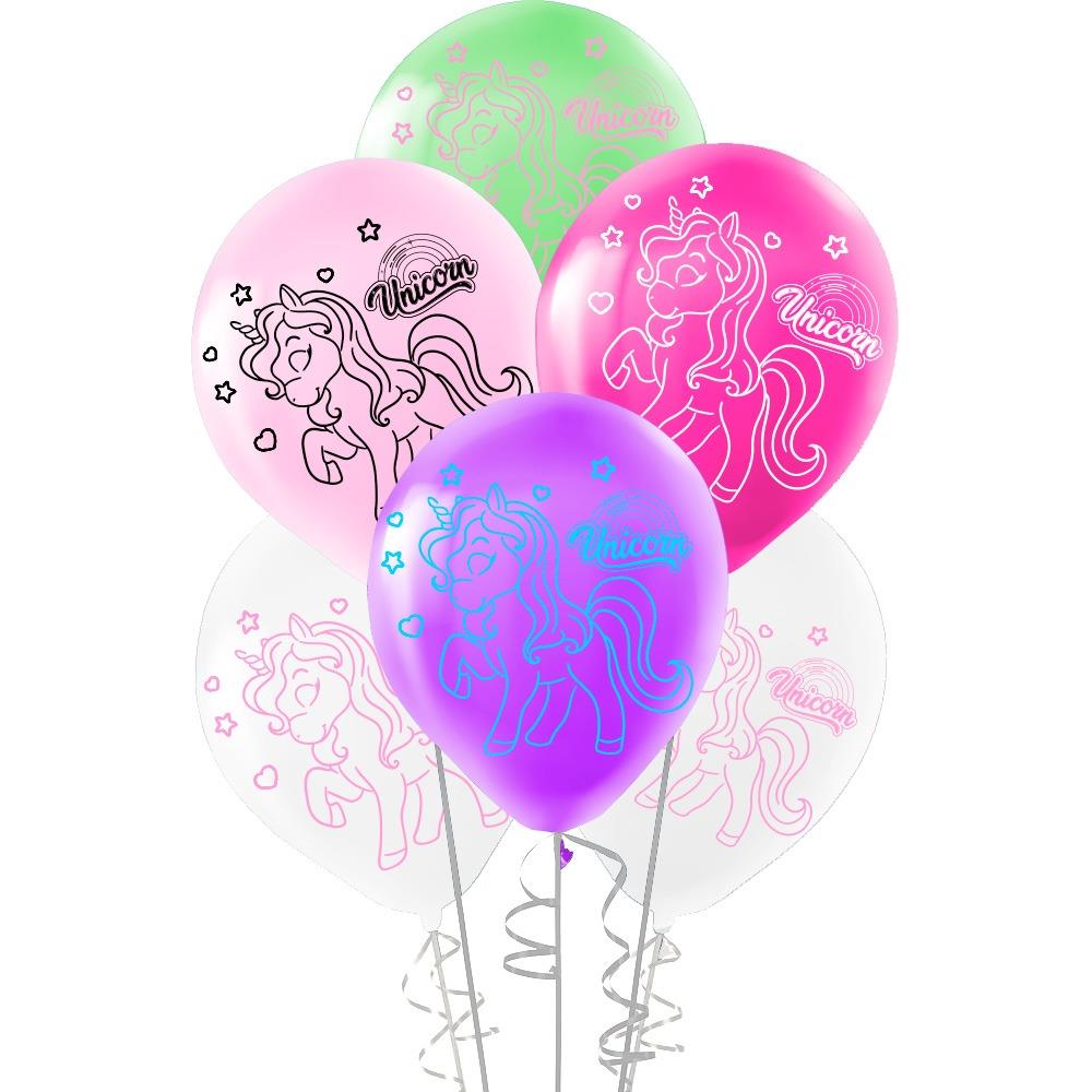 Helyuma Uyumlu Tek Boynuzlu At Unicorn Baskılı Balon Karışık Renkler 12 inch 5 Adet
